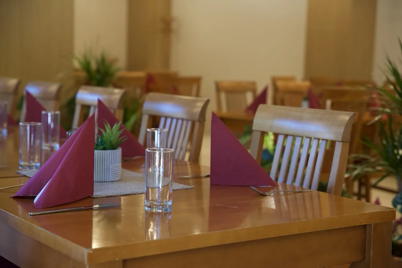 Dřevěný stůl s židlemi, sklenicemi, bordó ubrousky a květinou v květináči v restauraci.