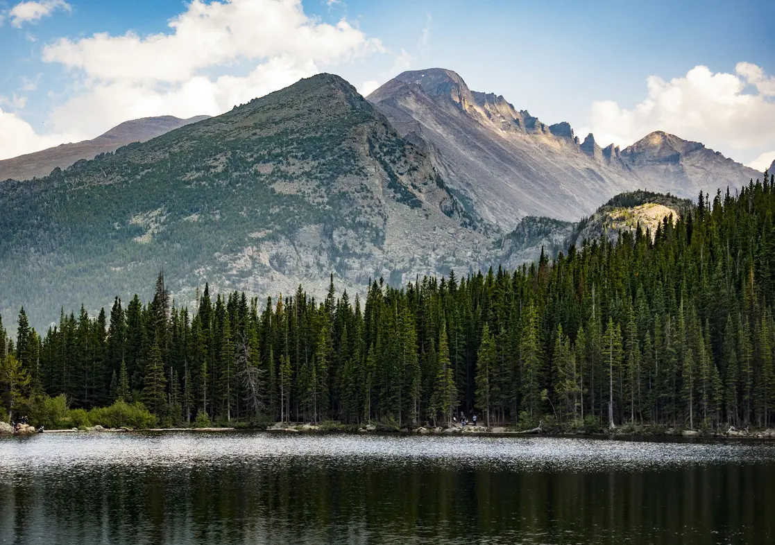 Mountain lake forest landscape with evergreen trees scenic nature panorama beautiful.