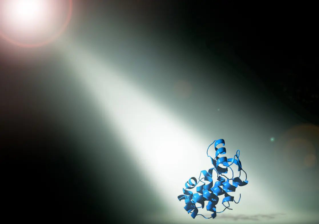 Blue protein helix structure medical research spotlight visualization scientific illustration.