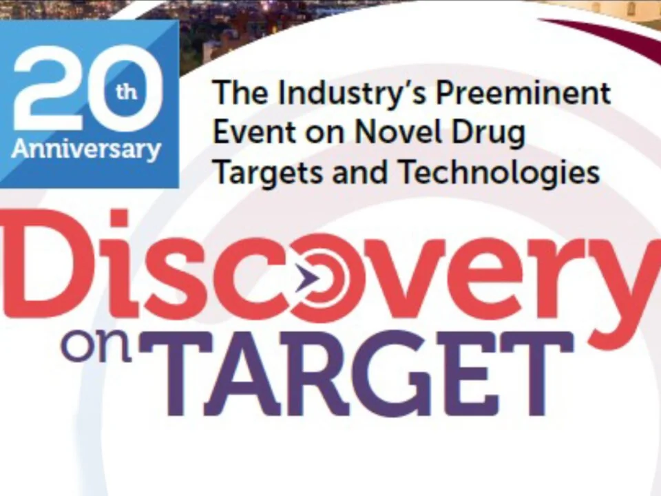 Discovery on Target 20th Anniversary event banner, billed as the industry's preeminent event on novel drug targets and technologies.