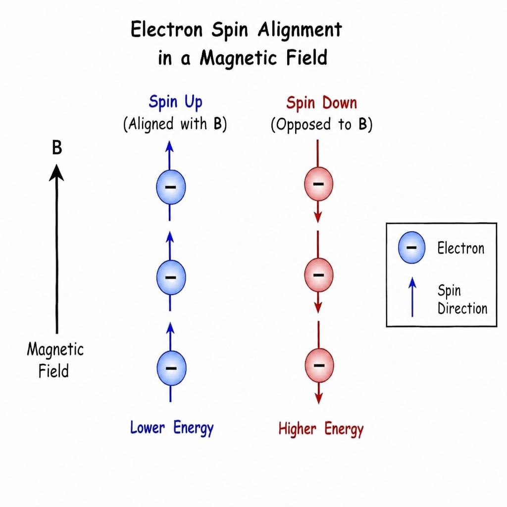 diagram showing electron spin alignment in a magnetic field
