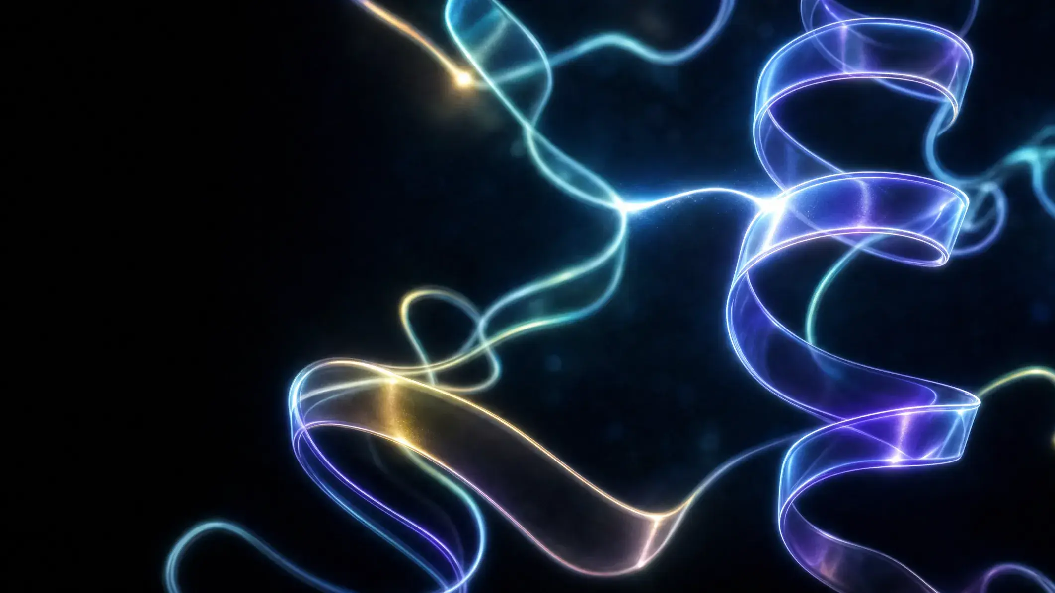Glowing, translucent ribbons twisting and curving against a dark background.