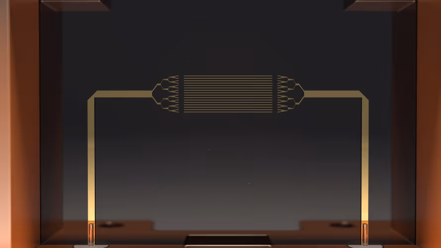 Close-up of High Q's superconducting microstrip resonator, a quantum device used in its EPR spectrometers.