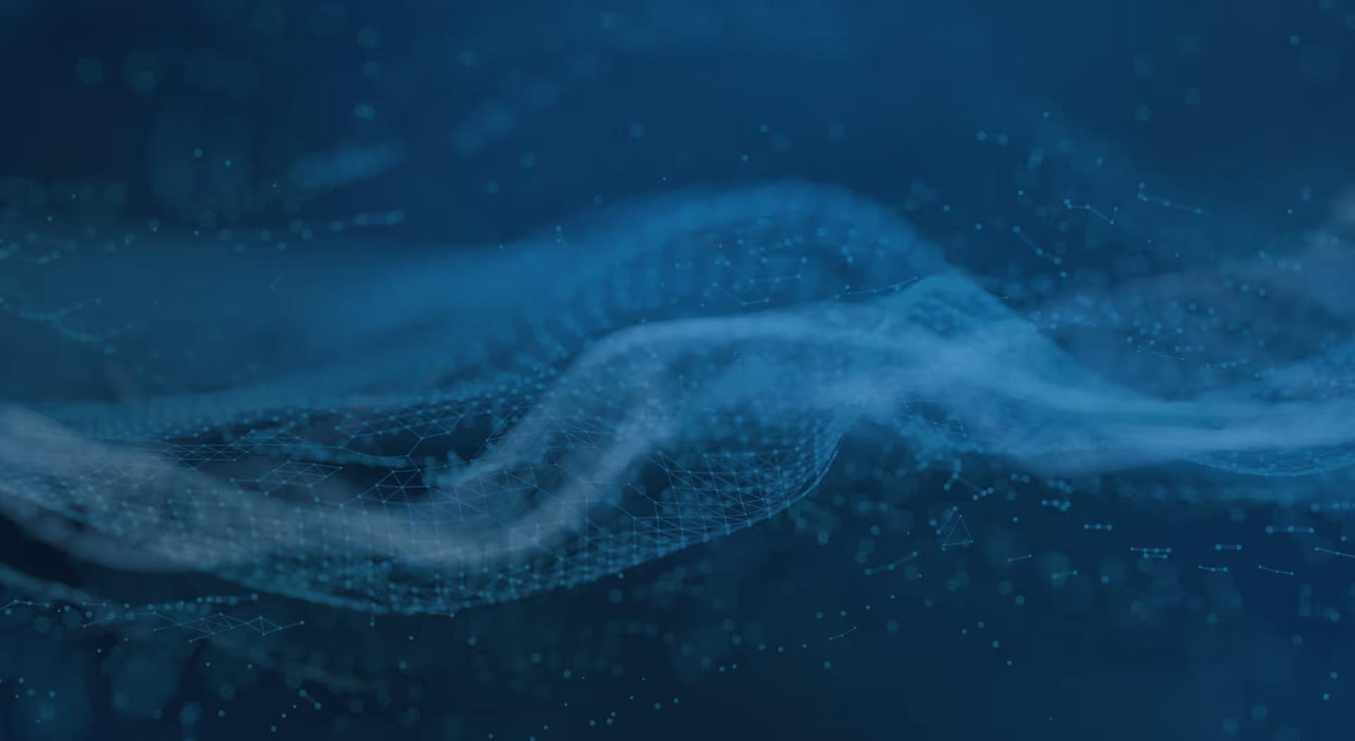 Abstract blue digital wave with particles and connecting lines on a dark background.