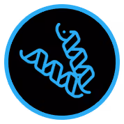 Blue DNA double helix icon on a black circular background with a blue outer ring.