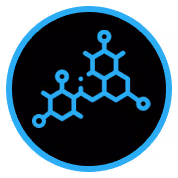 Blue chemical compound structure icon on black circular background.