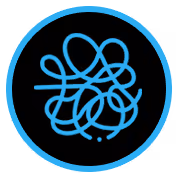 Blue tangled looped lines forming a complex knot inside a black circle with a blue border.