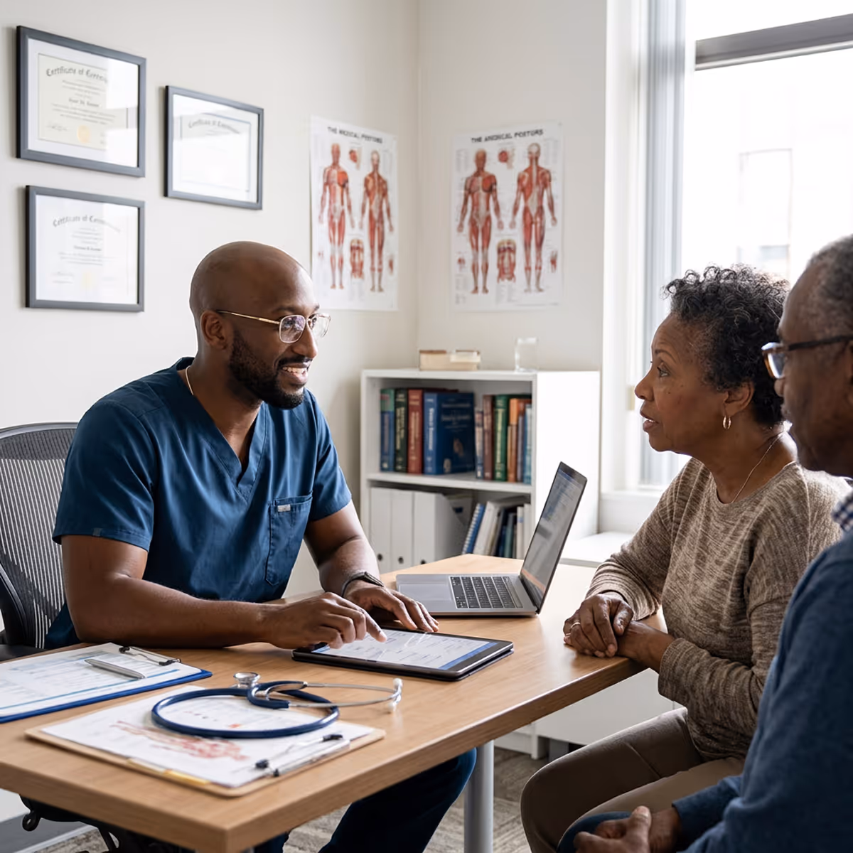 Doctor in blue scrubs talking to an elderly couple during a medical consultation in an office with anatomy charts and certificates on the wall.