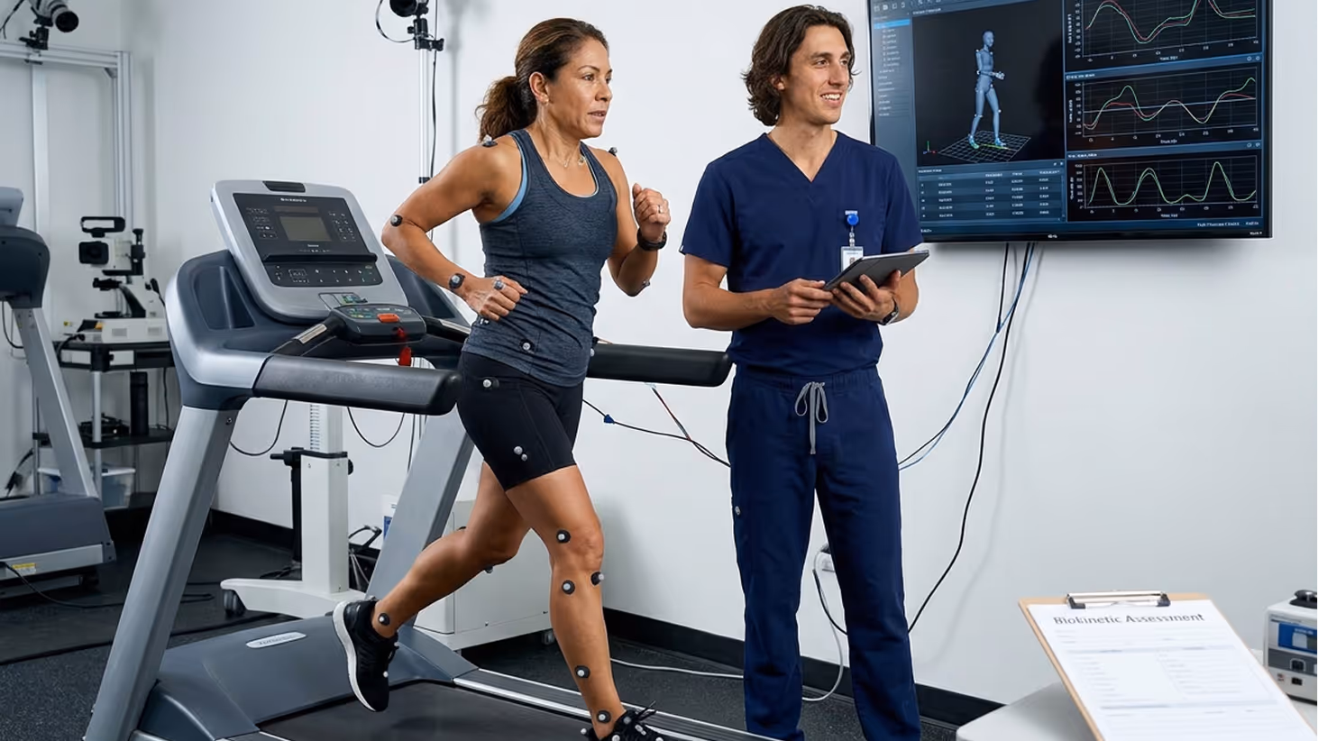 Woman running on treadmill with motion sensors on her body, monitored by a male technician holding a tablet with motion analysis displayed on a screen.