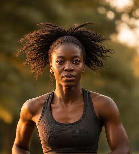 Focused woman with curly hair tied back in a ponytail, wearing a black sports bra and running outdoors.