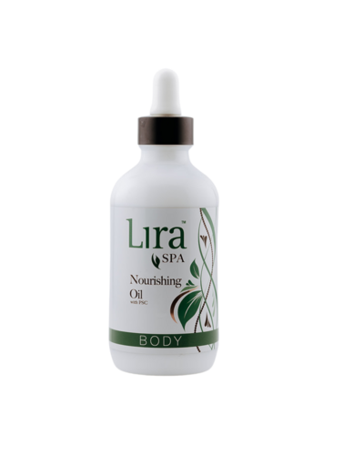 White dropper bottle of Lira Spa Nourishing Body Oil with green leaf design on label.