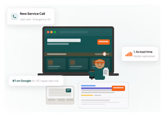 Illustration of a computer screen with a person in a cap holding a document, surrounded by call notification, Google ranking, website speed, and search result elements.