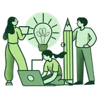 Three people collaborating with a laptop, a large pencil, and a glowing lightbulb symbolizing ideas.
