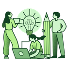Three people collaborating with a laptop, a large pencil, and a glowing lightbulb symbolizing ideas.