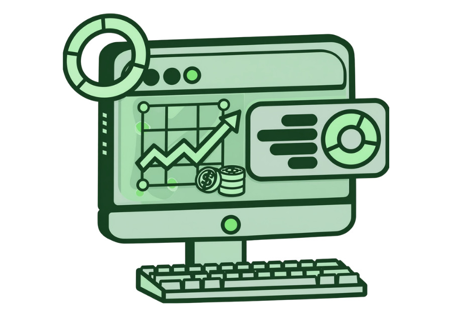 Illustration of a computer monitor displaying a rising line graph with coins and additional circular chart icons, symbolizing financial growth and data analysis.