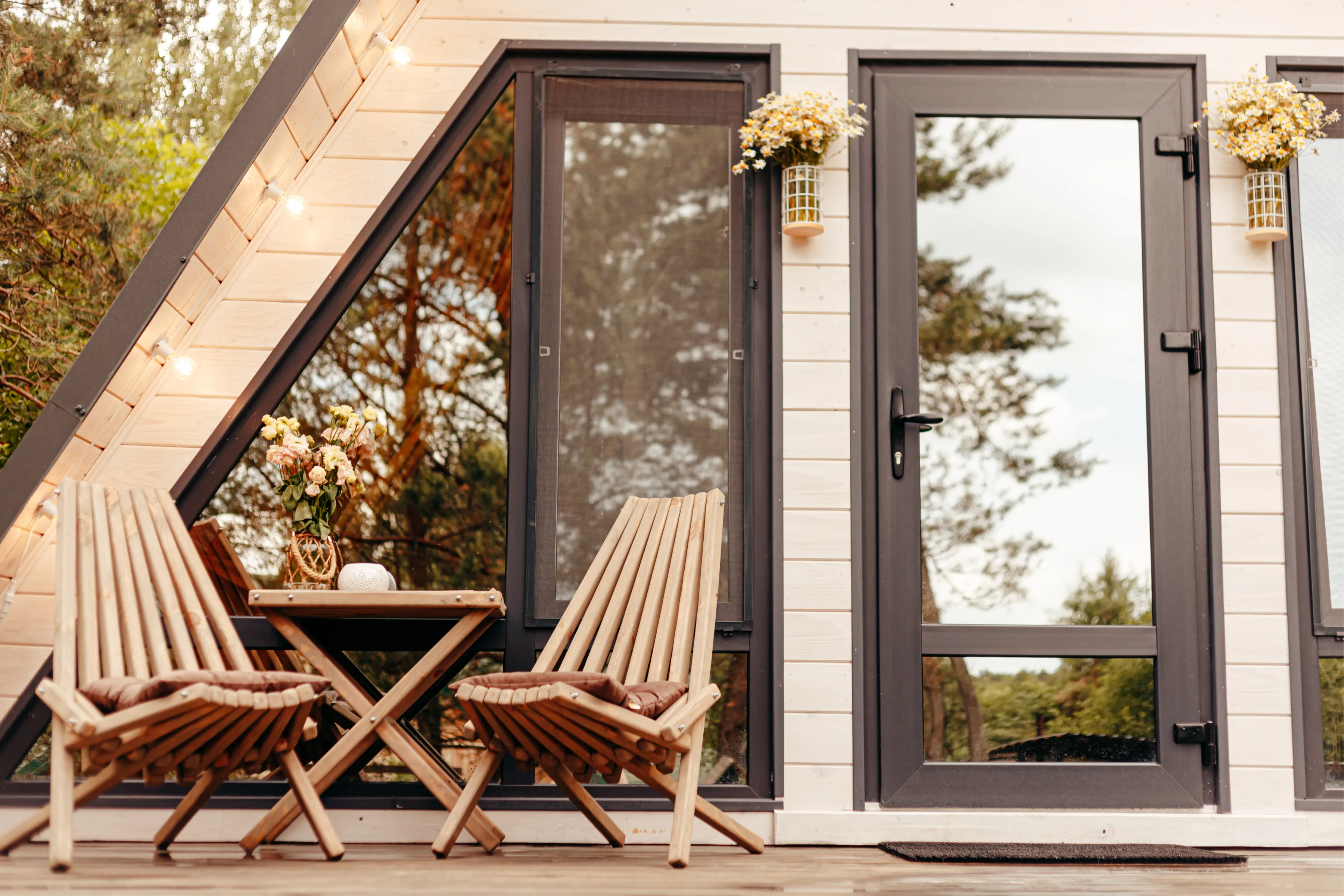 Wooden patio with two slatted chairs, small table holding a flower vase, string lights on an A-frame cabin exterior.
