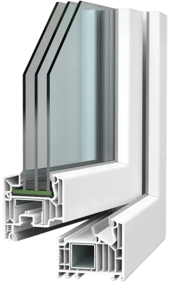 Cross-section of a white uPVC window frame with triple glazing showing internal chambers and sealing components.