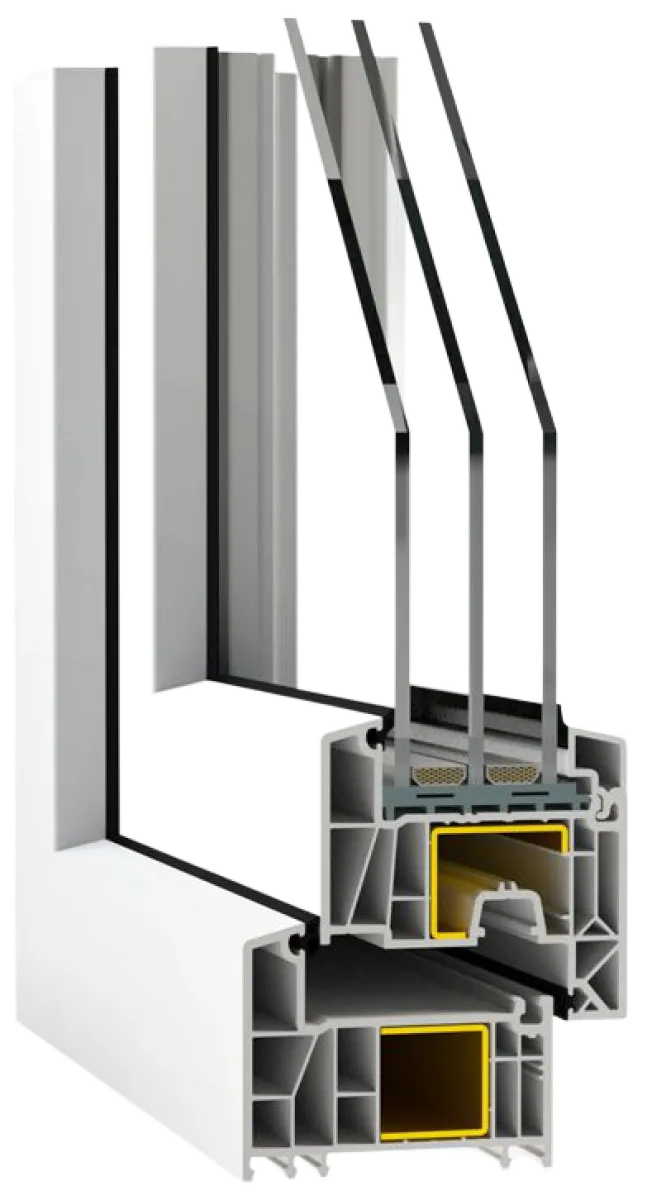 Cross-section of a white triple-glazed UPVC window frame showing internal chambers and insulation.