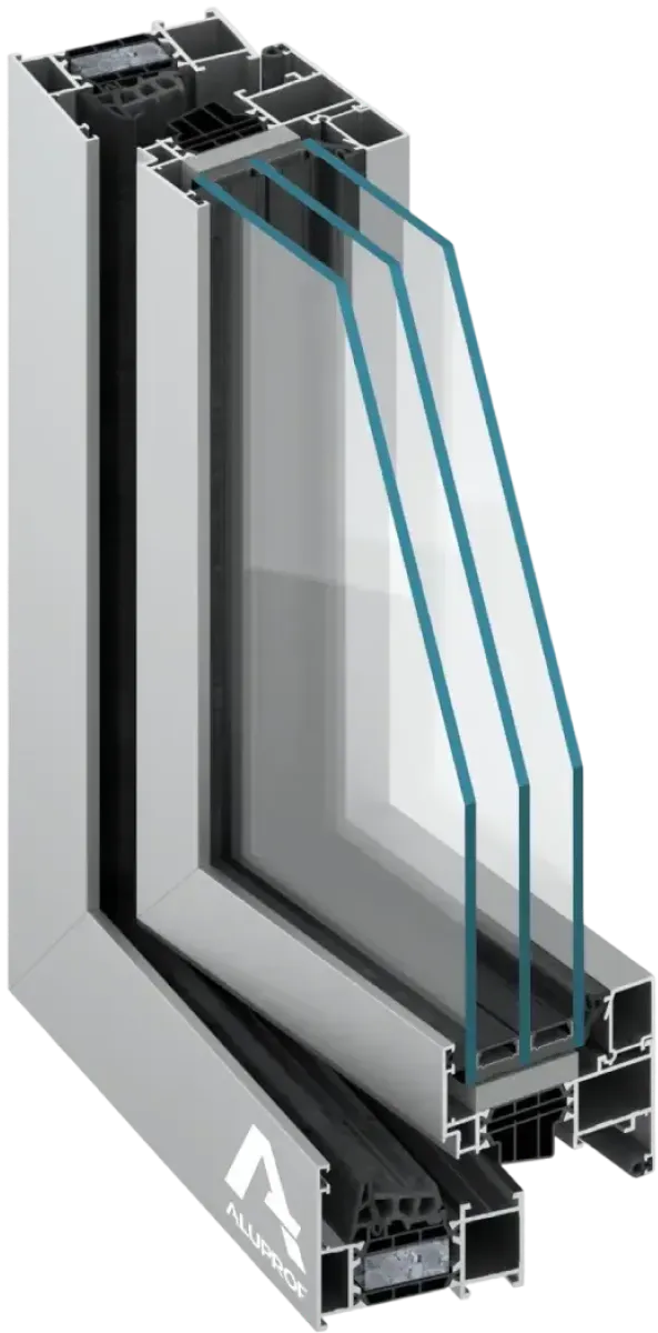 Cutaway view of an Aluprof MB-79N aluminum frame with triple-pane insulated glass panels.