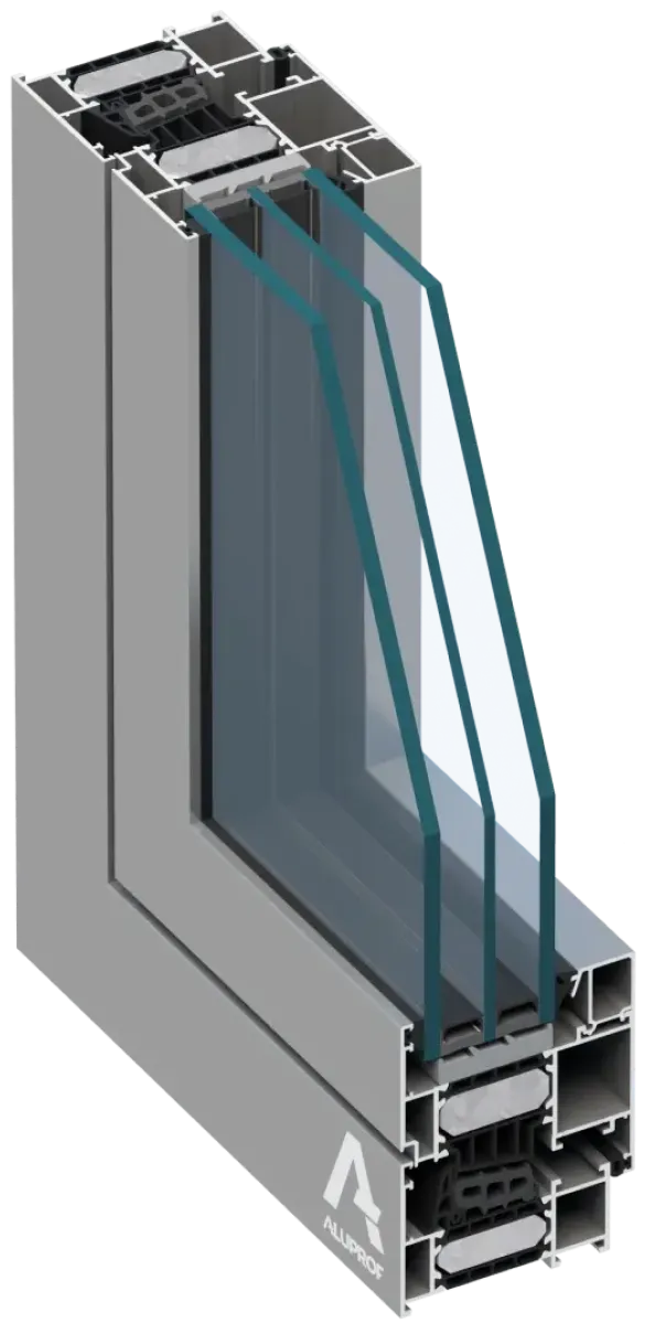 Cross-section of an aluminum window frame with triple glass panes showing internal profiles and seals.