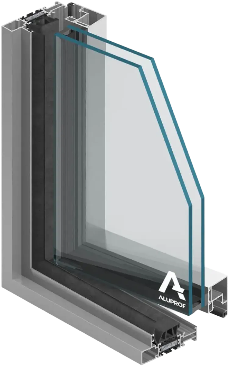 3D cross-section of slimline double-glazed window frame with aluminum profile and Aluprof logo on glass pane.