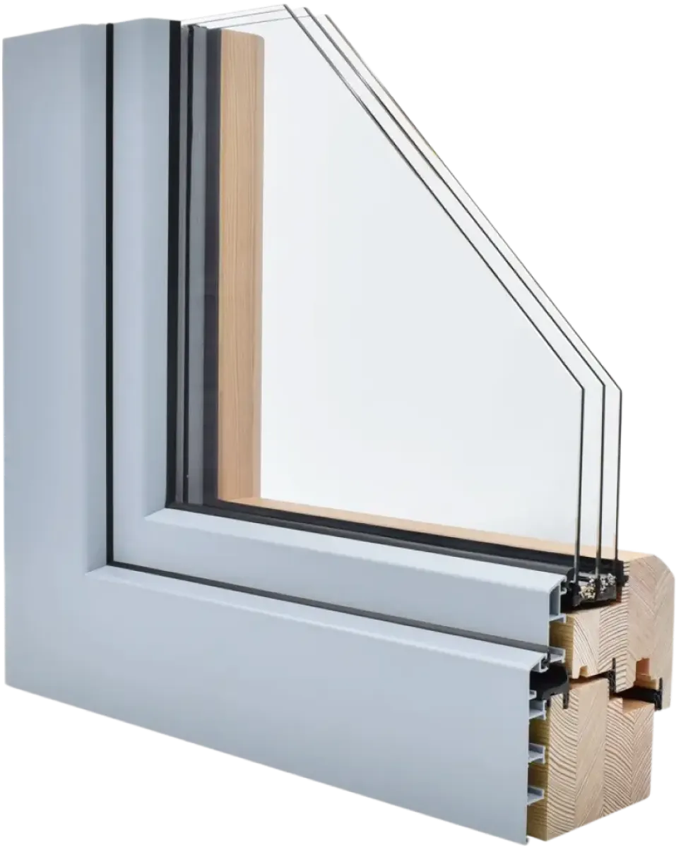 Cross-section of a modern window frame showing triple glazed glass with aluminum cladding on wood frame.