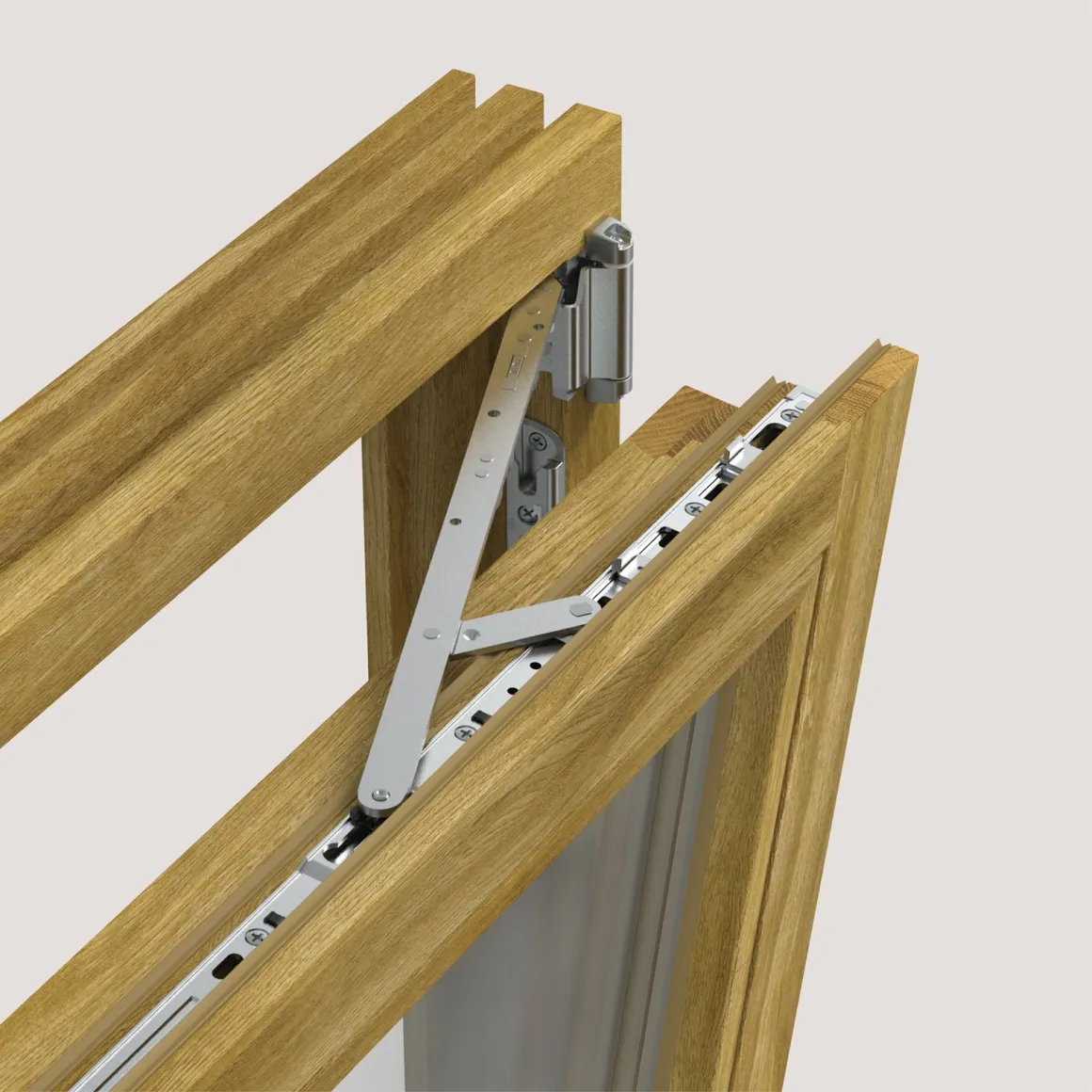 Close-up of a wooden window frame showing a silver metal hinge and opening mechanism attached.