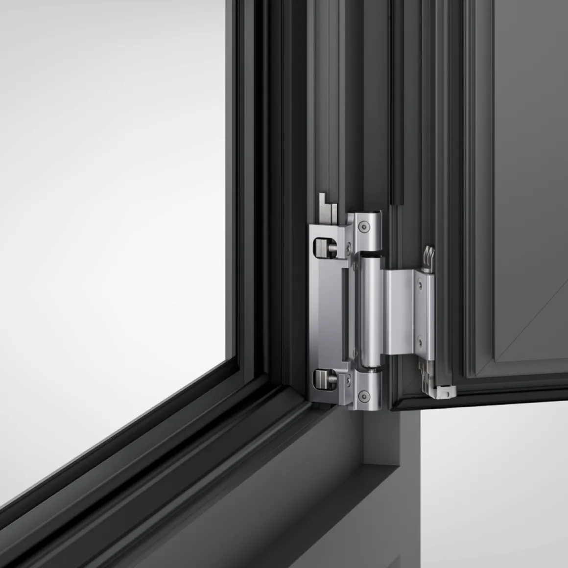 Close-up of a metallic hinge on a dark gray window frame, with the window slightly open.