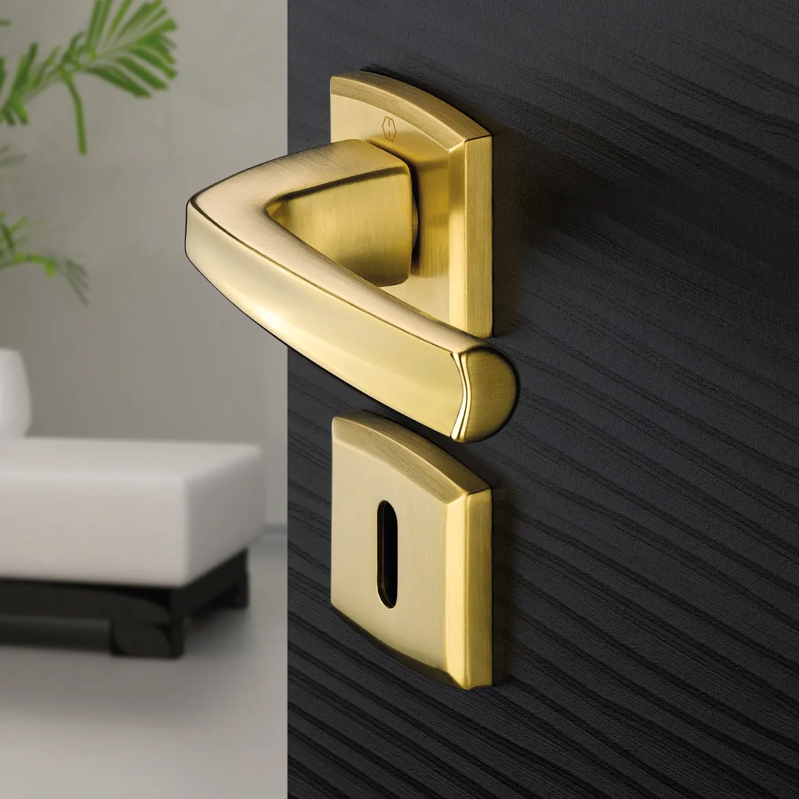 Close-up of a modern brass door handle and keyhole on a dark wood door with a blurred white couch and plant in the background.