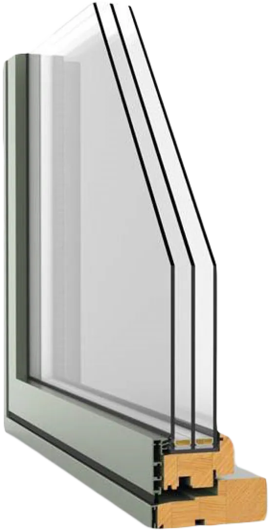 Cross-sectional view of a wooden window frame with triple-pane glass and aluminum cladding.