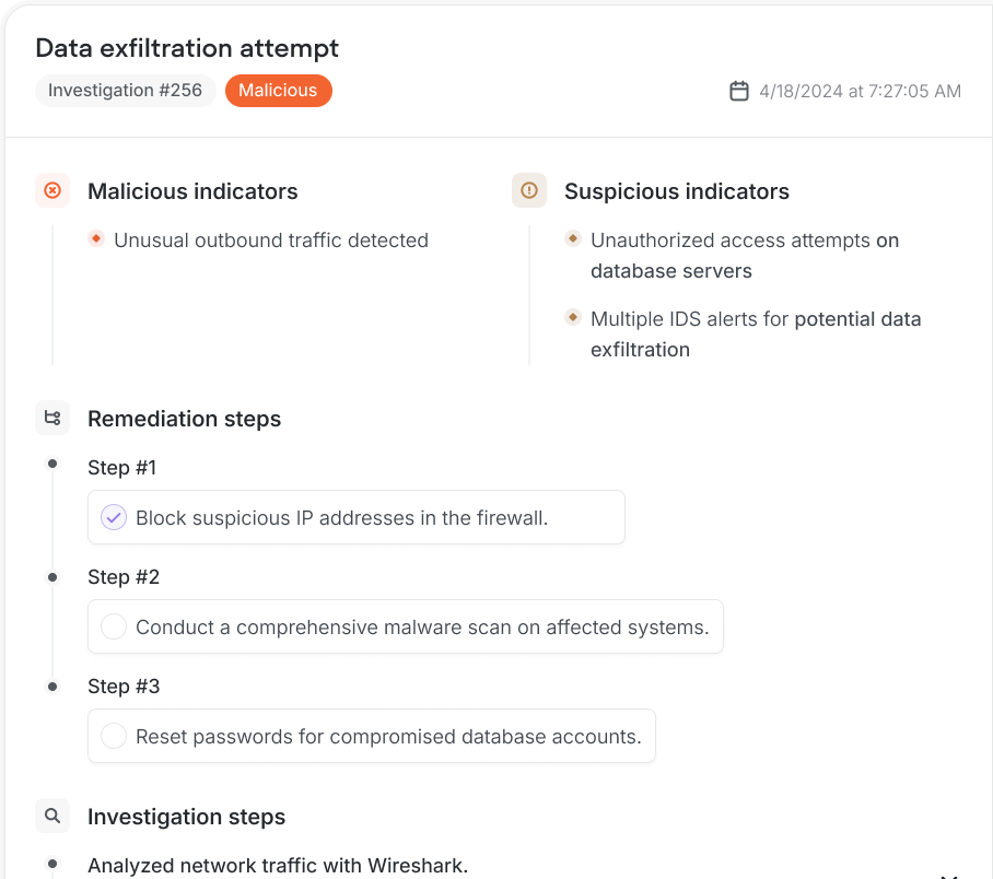 Data exfiltration attempt report showing malicious and suspicious indicators, remediation steps including blocking IP addresses, scanning for malware, and resetting passwords, and investigation steps.