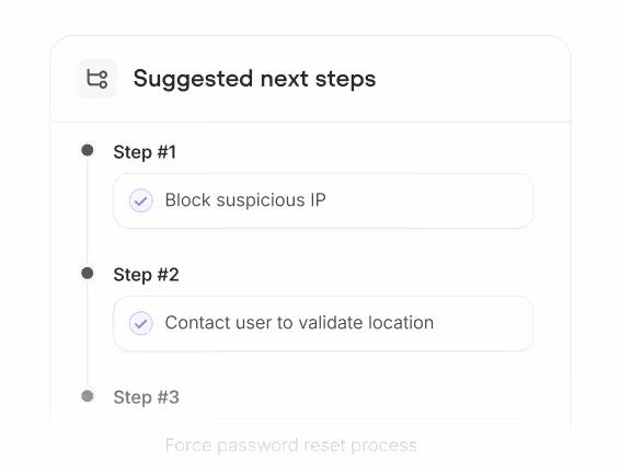 Screenshot of a checklist titled Suggested next steps showing Step 1: Block suspicious IP, Step 2: Contact user to validate location, with both checked.