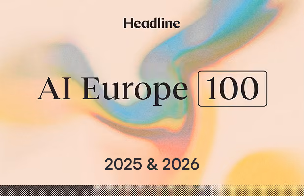 Text on black background stating 'WE ARE PART OF AI Europe 100 The Next Winners' with the word Headline below.