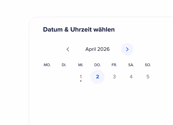 Kalenderansicht zur Auswahl von Datum und Uhrzeit mit Fokus auf den 2. April 2026, Montag bis Sonntag angezeigt.