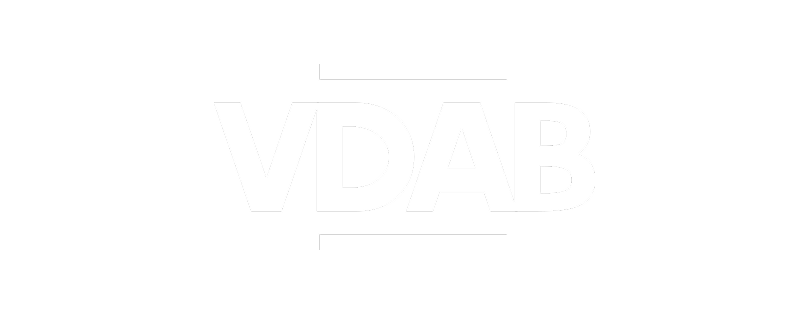 VDAB logo with white letters and two horizontal white lines above and below the letters on a black background.