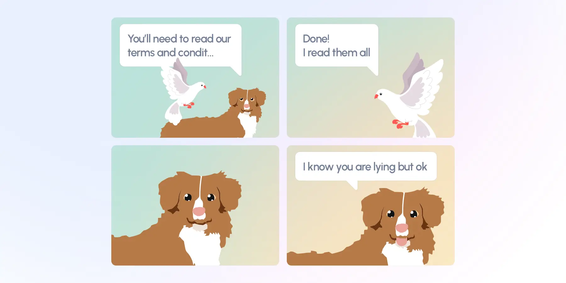 Vierpanelenstrip met een witte duif en een bruine hond die spreken over het lezen van de algemene voorwaarden.