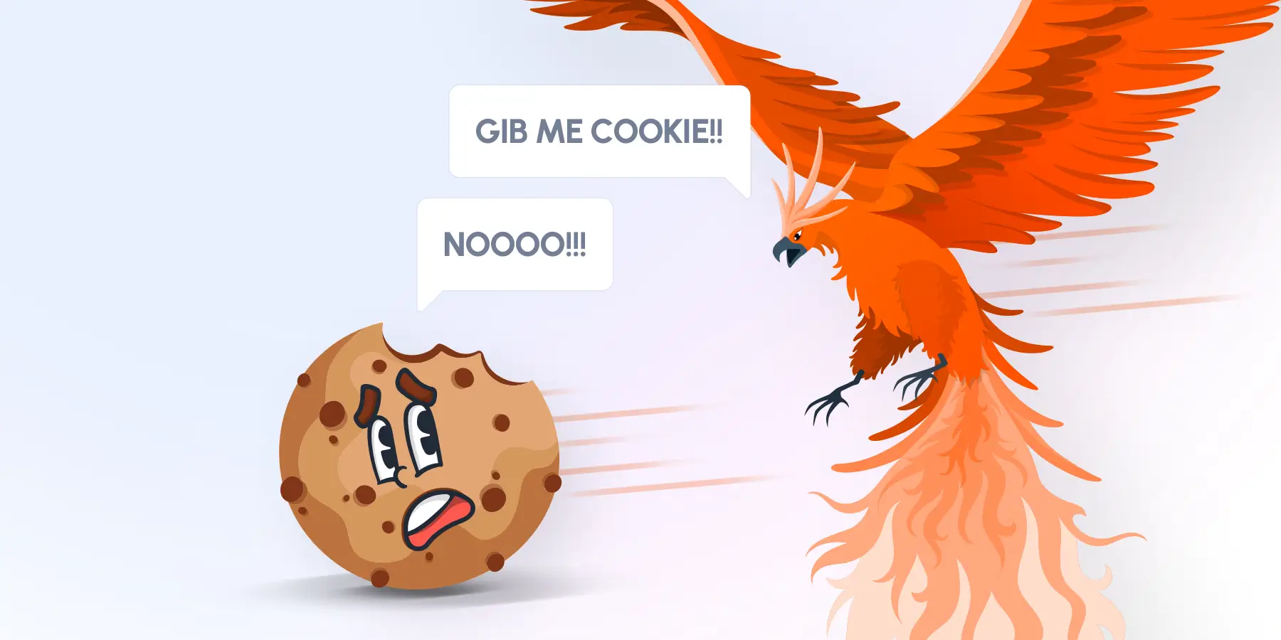 Een geïllustreerde koek met een angstig gezicht roept 'NOOOO!!!', terwijl een vurige feniks 'GIB ME COOKIE!!' zegt.