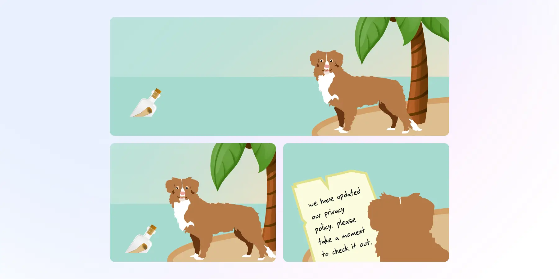Illustratie van een hond op een klein eiland met een palmboom en een fles met een brief, waarin de hond de bijgewerkte privacyverklaring leest.