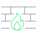 Green flame icon over a dark gray brick wall pattern symbolizing a firewall.