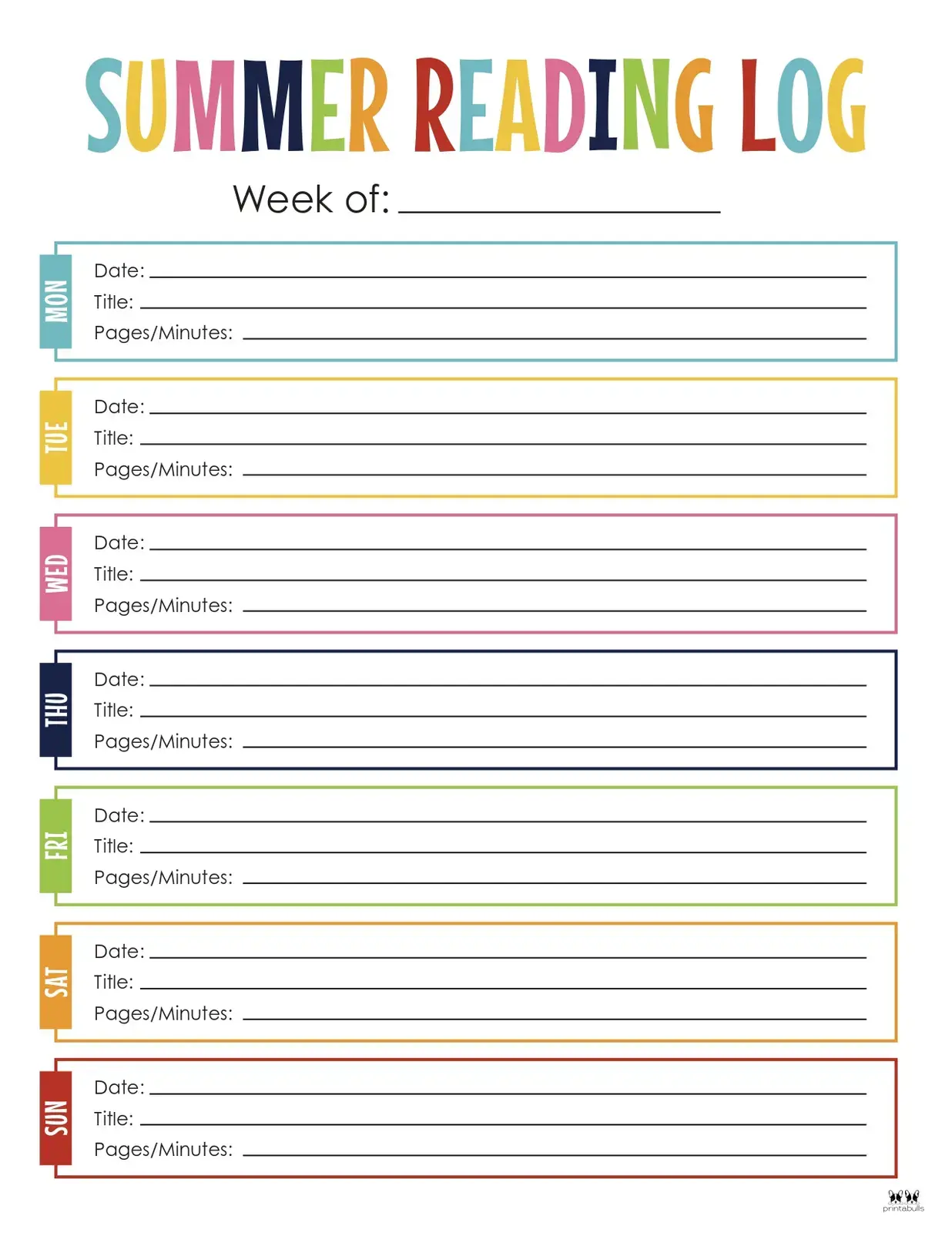 Colorful weekly summer reading log with daily fill-in fields