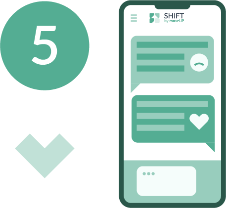 Step 5 icon with a smartphone displaying a chat conversation in the SHIFT by moveUP app
