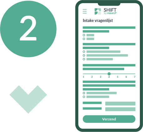 Step 2 icon with a smartphone displaying intake questionnaire form
