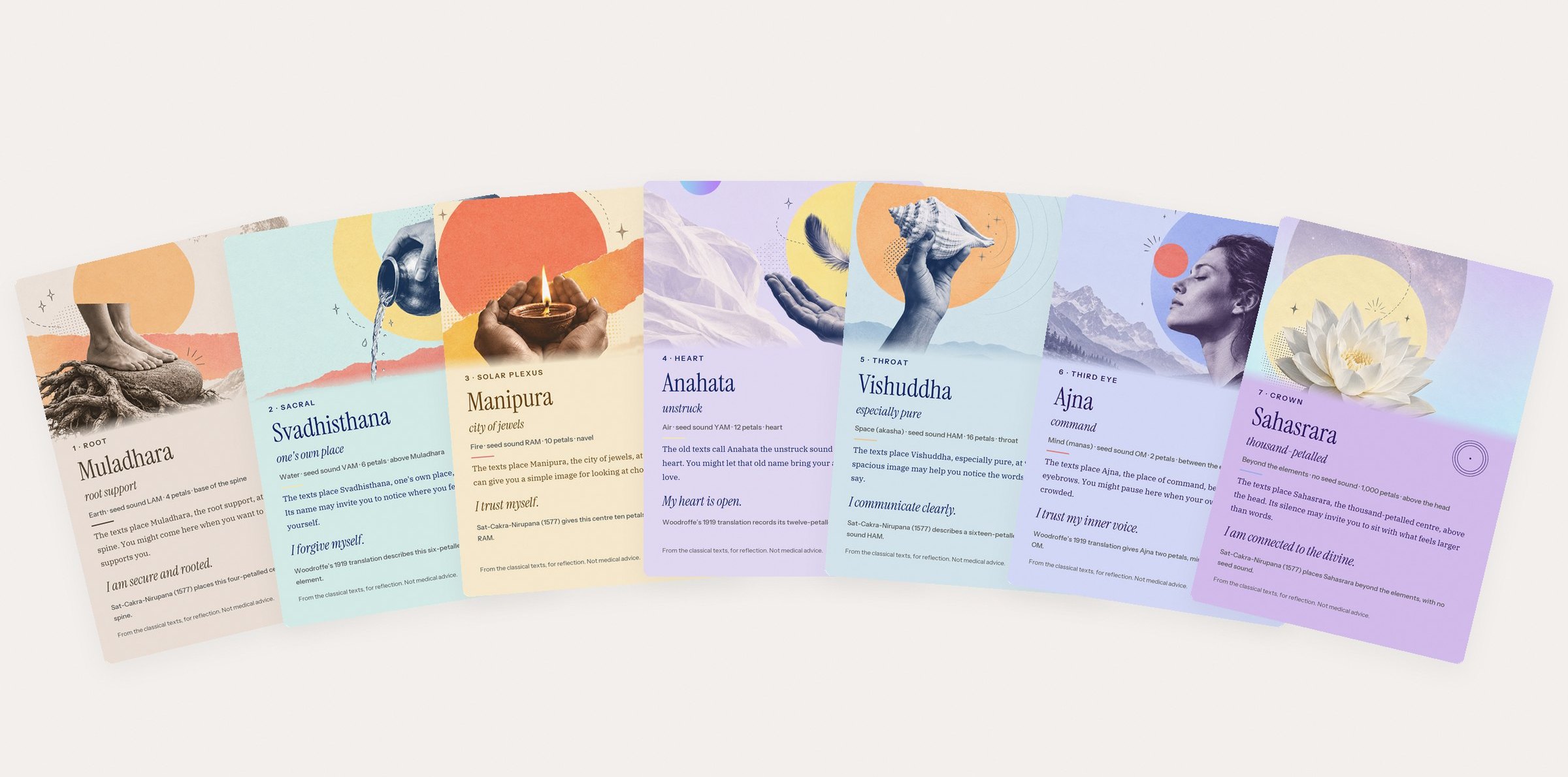 The seven Lifeism Chakra Cards fanned out, from Muladhara to Sahasrara, each with a collage illustration