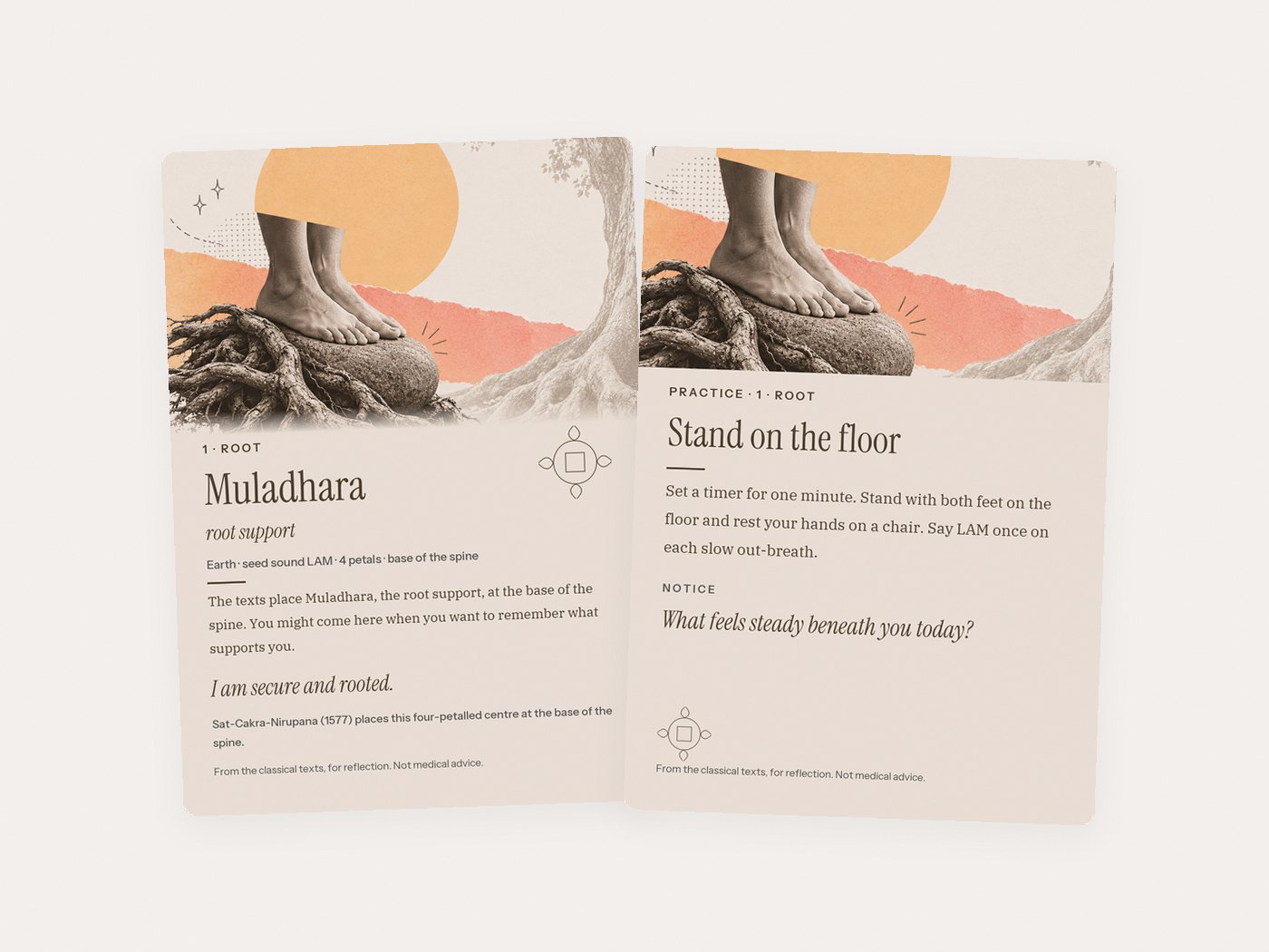 The Root card, Muladhara, beside its practice card, Stand on the floor