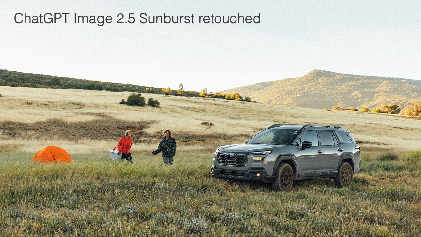 Alt Text: Wide automotive campaign image of a grey Subaru SUV in a field, showing the initial broad-stroke AI generative fill results using ChatGPT 2.5 Sunburst to replace a gravel road with native grass.