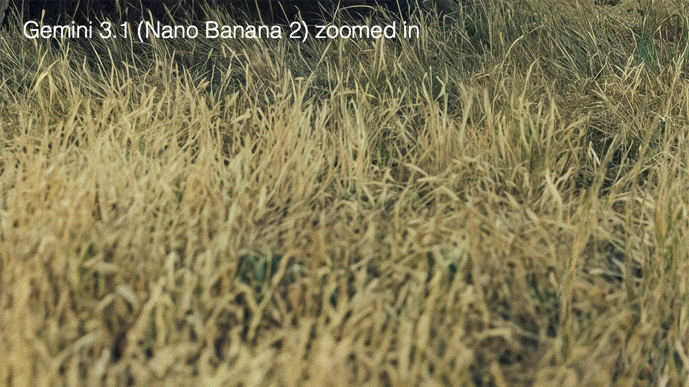 Zoomed-in detail of Gemini 3.1 AI compositing, demonstrating the photorealistic grass texture and accurate natural depth of field required to maintain photographic integrity in high-end automotive campaign retouching.