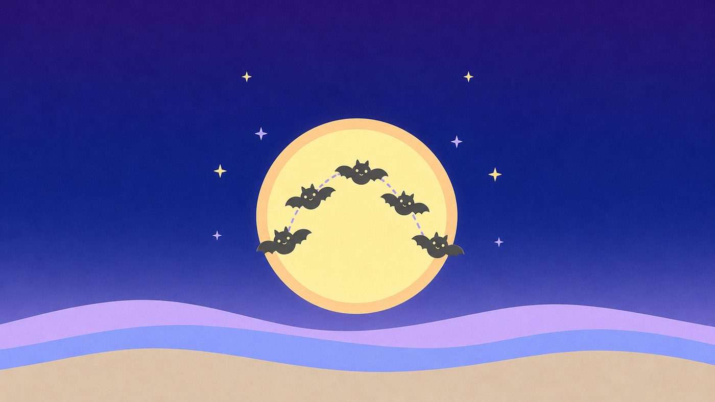 Desktop wallpaper: five little bats flying in an arc across a big butter-yellow moon above lavender hills