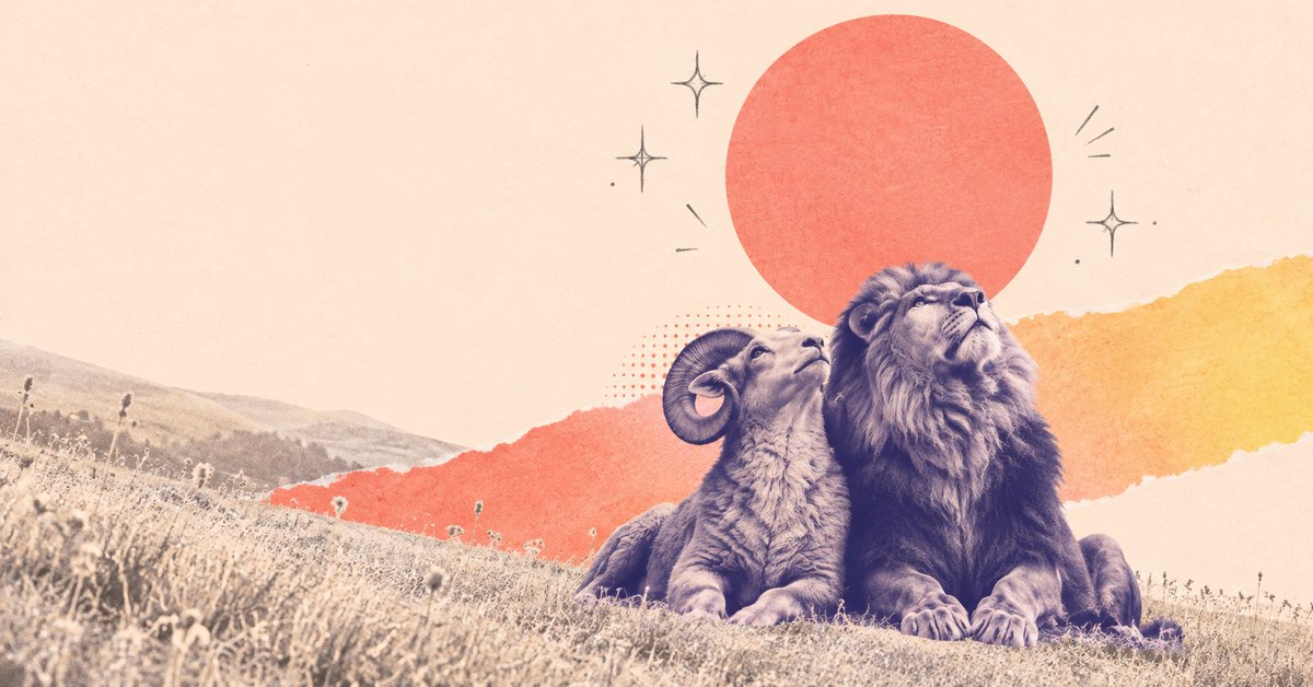 Paper collage of a ram and a lion resting side by side on a grassy hillside, looking up at a coral sun on an apricot background