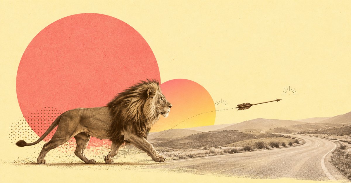 Paper collage of a lion striding along a winding road with an arrow flying ahead of it, under a coral sun on a butter yellow background