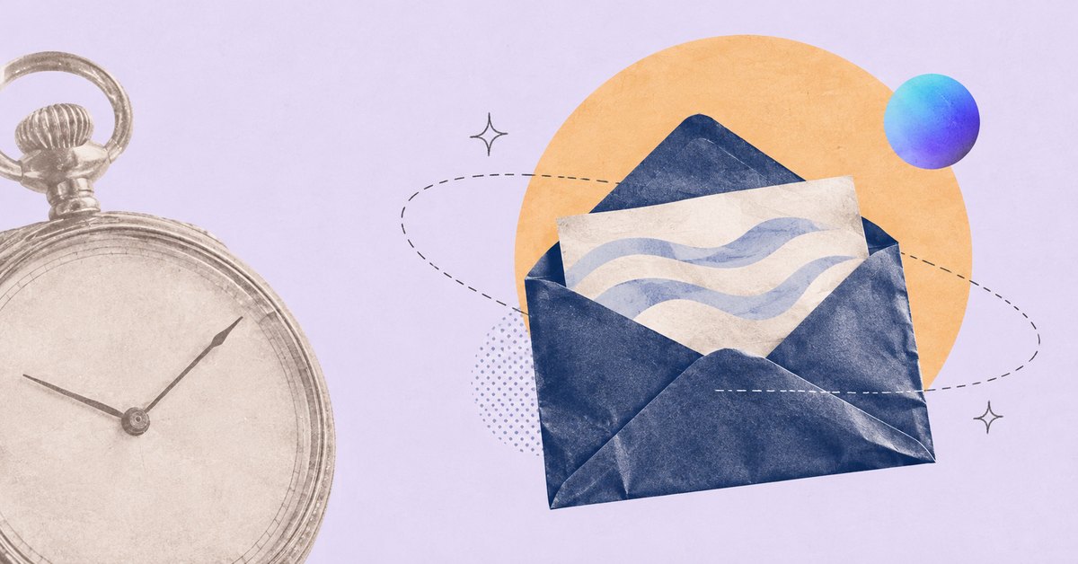 An open navy envelope with a wavy-lined letter inside, circled by a dashed orbit and a small gradient planet, beside a faded pocket watch on lavender